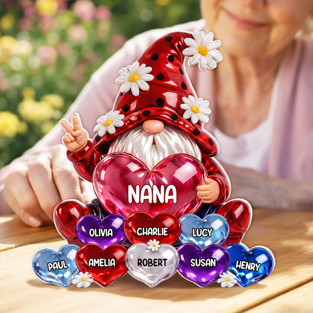 Grandma Gnome with Grandkids Names - Personalized Acrylic Block Plaque - Sentimental Mother's Day Gift for Grandma, Mom, Wife