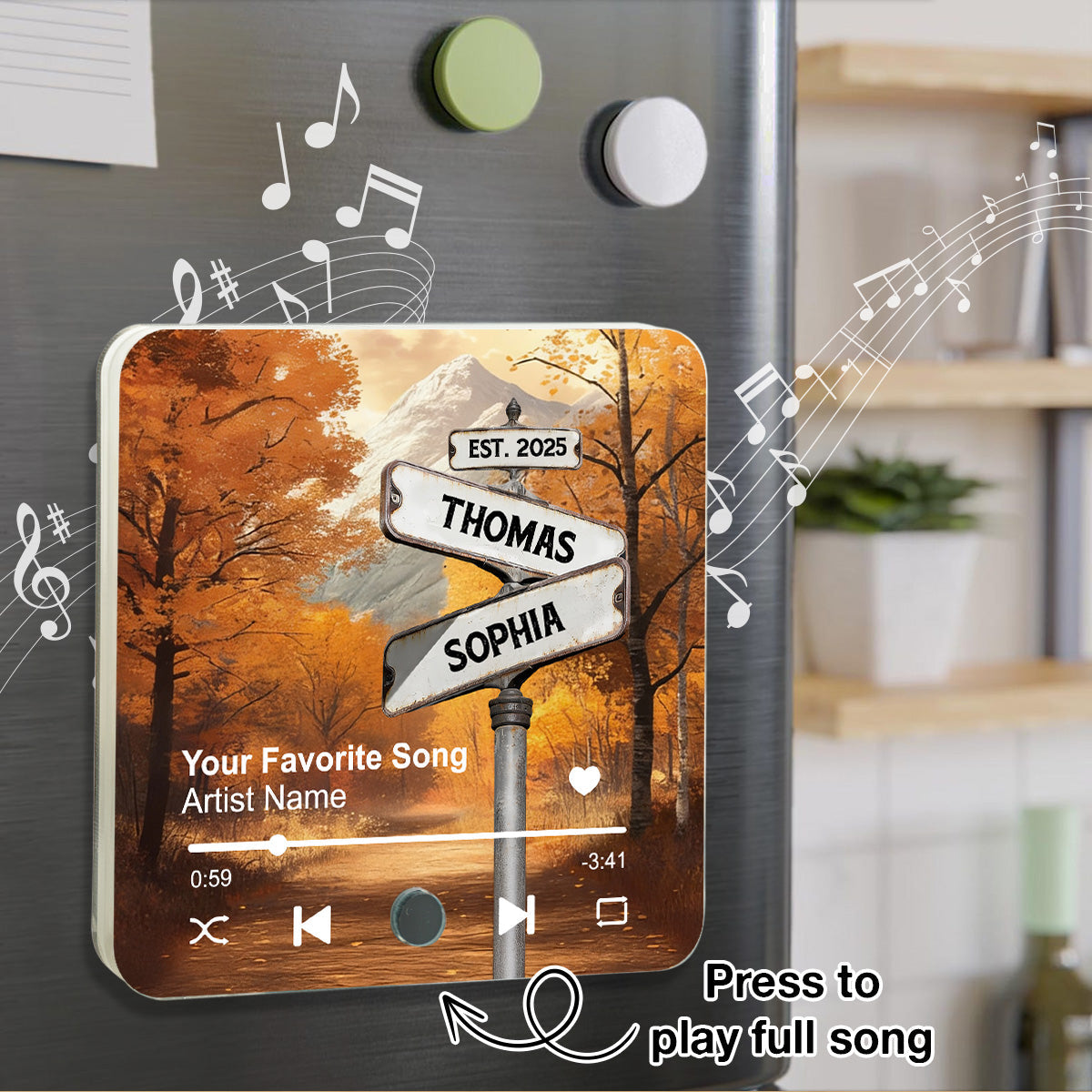 Crossroads Street Sign Nostalgia Fall Theme - Personalized Music Fridge Magnet - Anniversary, Valentine's Day Gift For Couple