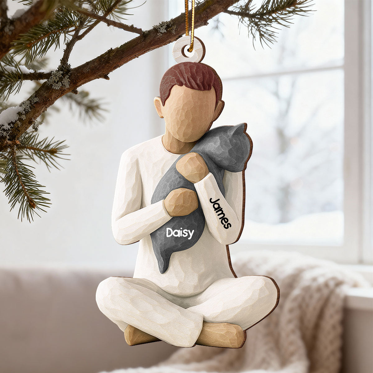 3D Effect Woman Hugging Cat - Personalized Wooden Ornament - Christmas Gift For Cat Lovers, Cat Mom