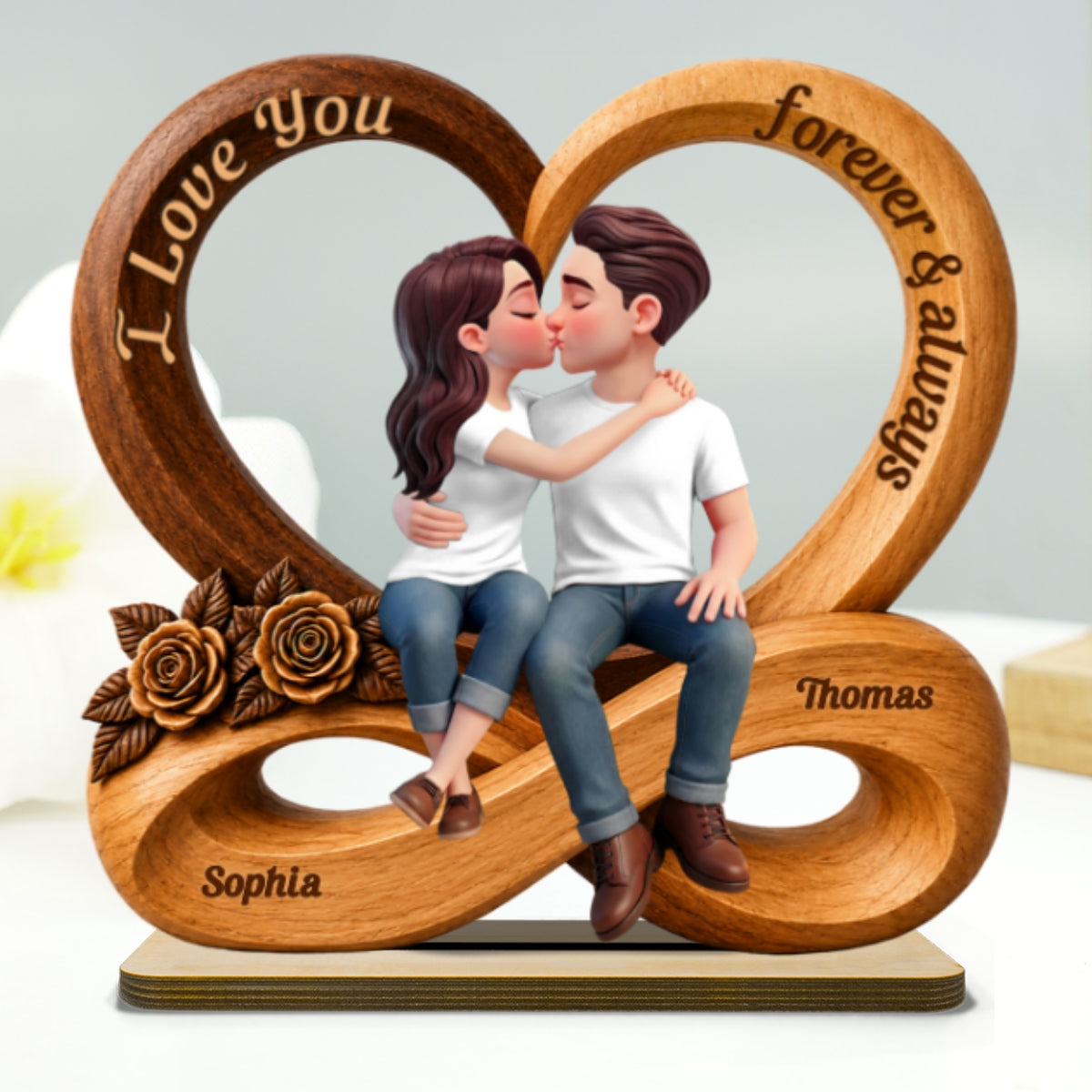 Couple Love You Forever & Always Infinity Heart - Personalized 2-Layered Wooden Plaque - Anniversary Gift For Couple, For Him, For Her