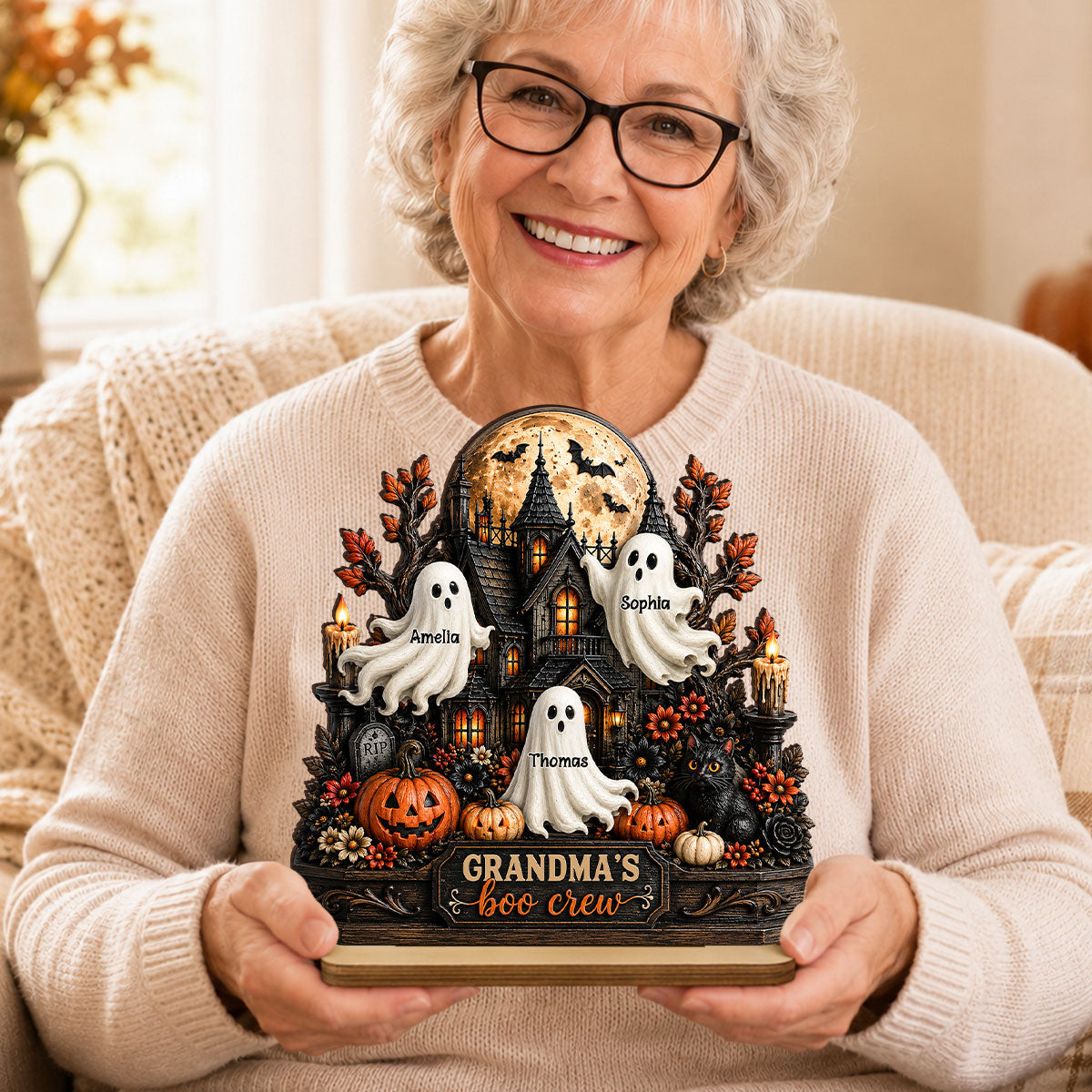 Grandma's Boo Crew - Personalized 2-Layered Wooden Plaque - Halloween Decor for Grandma