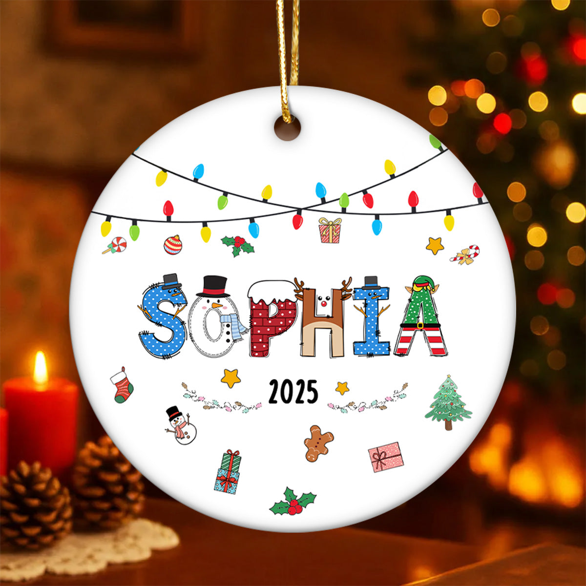 Christmas Theme Kid Name Christmas - Personalized Ceramic Ornament - Gift For Grandchildren, Boy, Girl