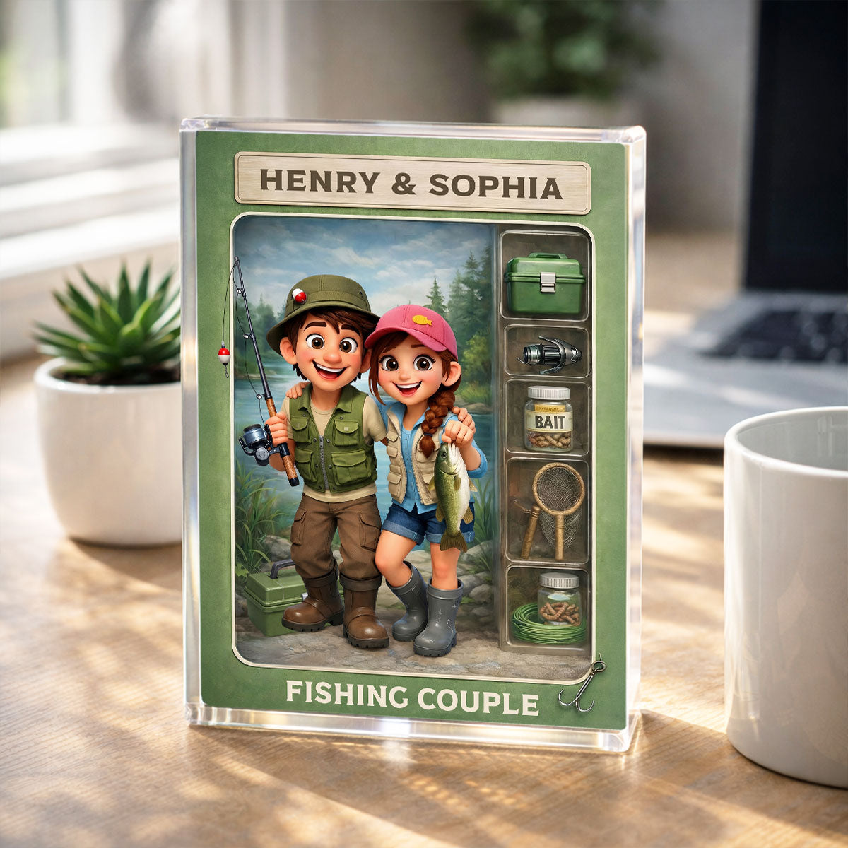 Fishing Couple Action Figure - Personalized Acrylic Block Plaque - Anniversary, Valentine's Day Gift, Gift For Him, Gift For Her