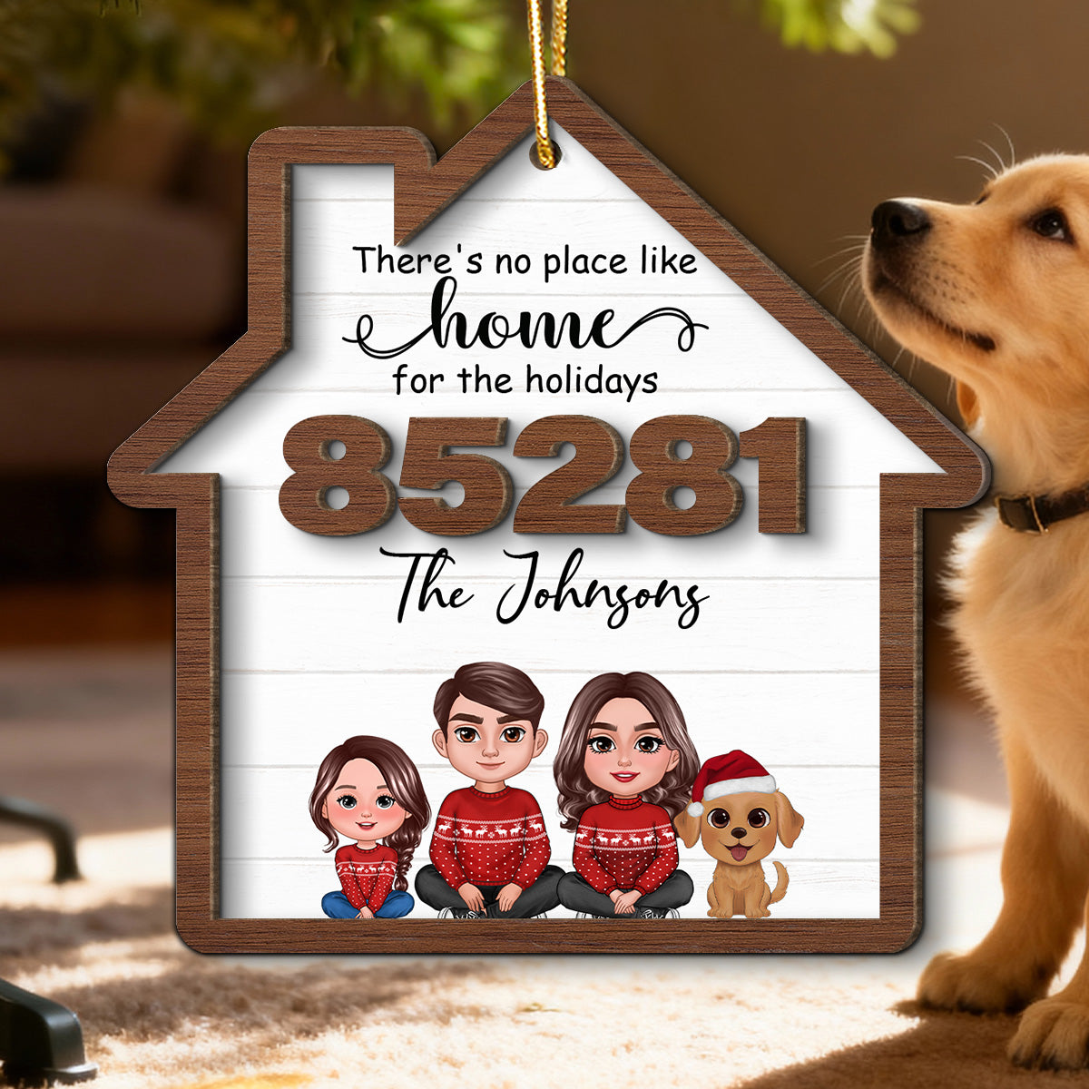 No Place Like Home For The Holidays Doll Family Sitting Zip Code - Personalized 2-Layer Wooden Ornament