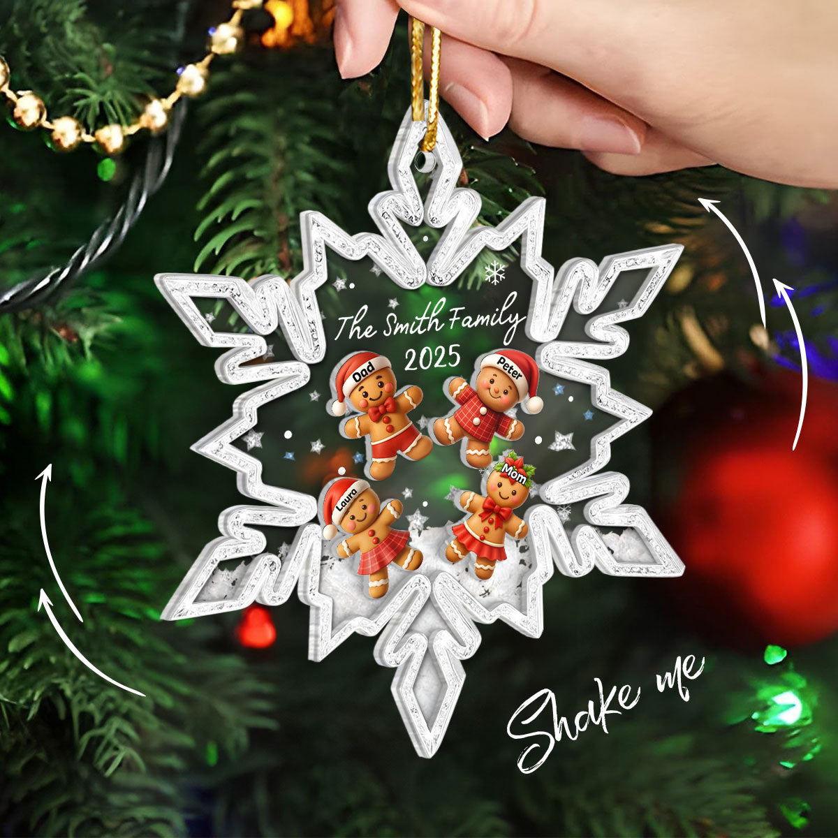 Snowflake Gingerbread Family - Personalized Shaker Ornament - Christmas Gift for Family