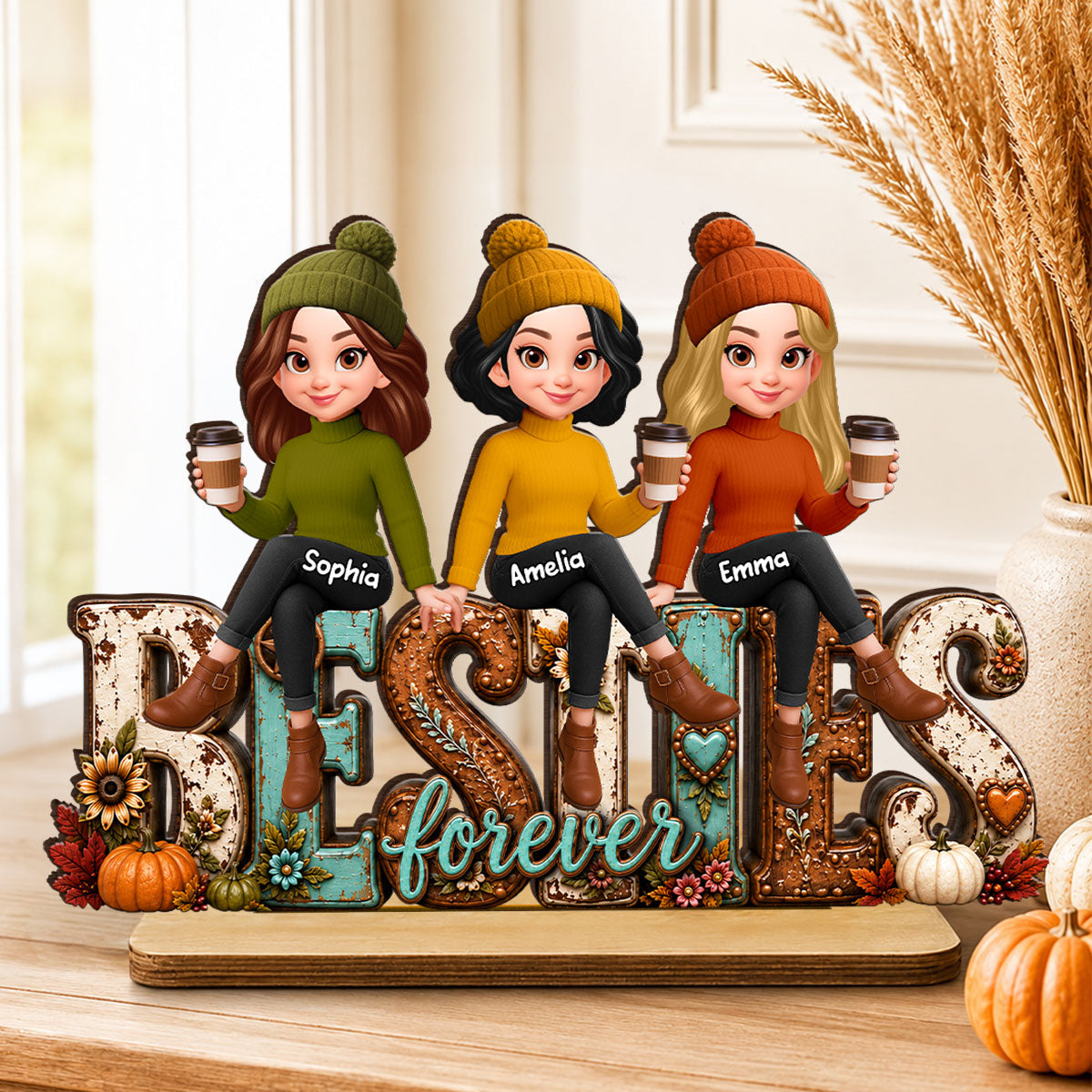 Western Besties Cozy Fall Vibe - Personalized 2-Layered Wooden Plaque - Fall Gift for Best Friends