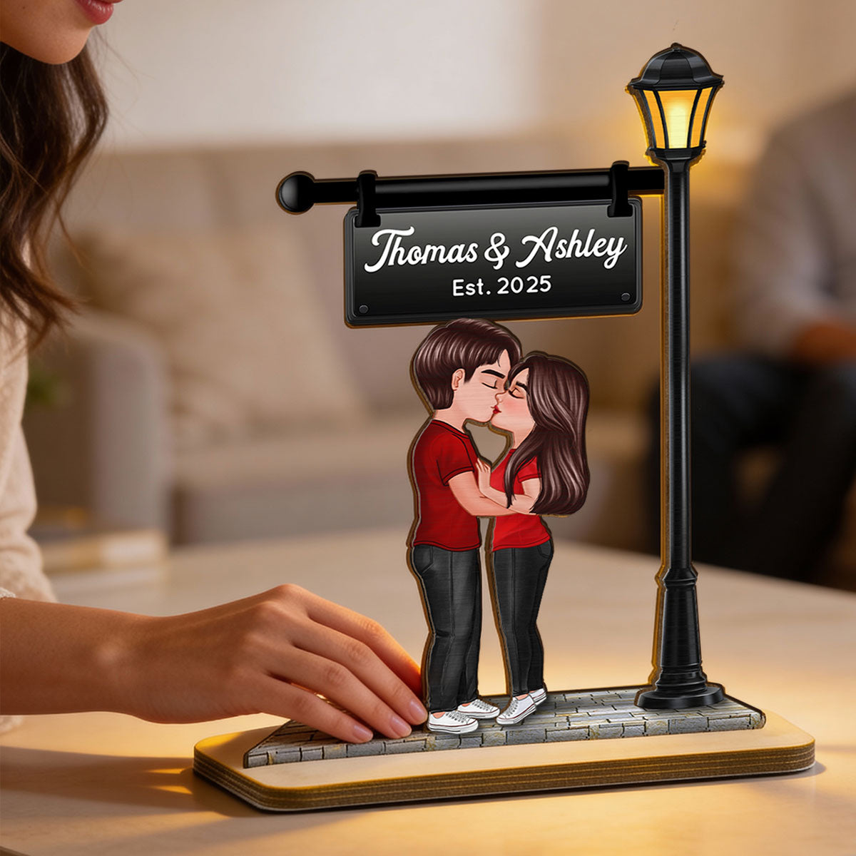 Eternal Love Couple Kissing Under Street Lamp Post - Personalized 2-Layer Wooden Plaque - Gift For Couple, Gift For Him, For Her