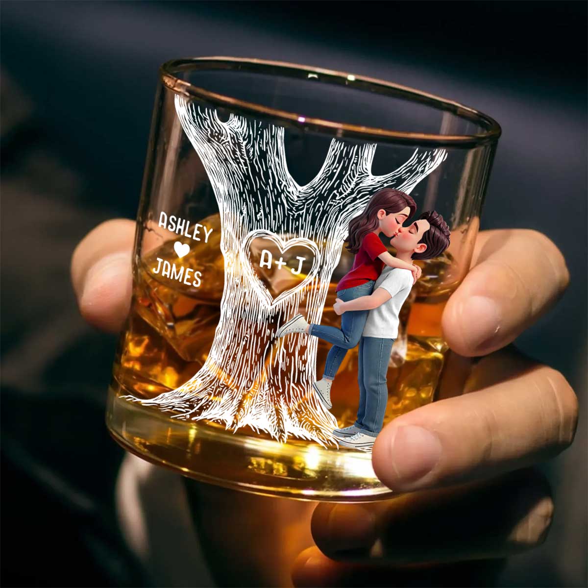 Eternal Love Couple Hugging Kissing Tree Of Love - Personalized Whiskey Glass, Wine Glass - Heartfelt Valentine, Anniversary Gift For Him, For Her