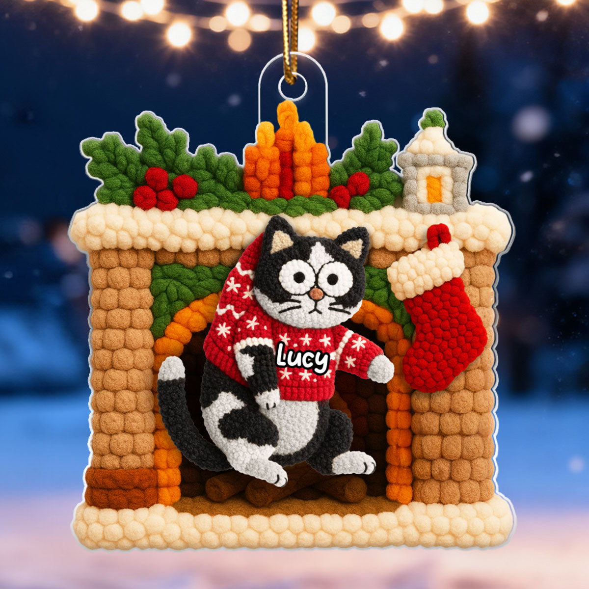 Cat Hanging on Christmas Mantel Fireplace Latch Hook Yarn Faux - Personalized Acrylic Ornament - Christmas Gift for Cat Lovers