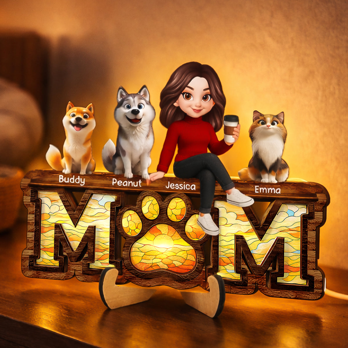 Mom And Dog Cat Paw Sign - Personalized Wooden Frame With LED - Heartfelt Gift For Dog Mom, Cat Mom