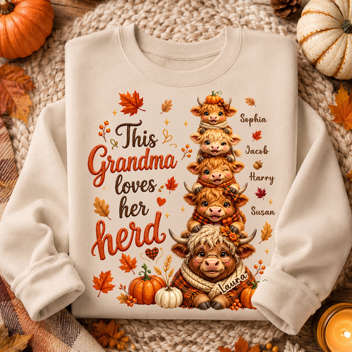 Grandma Grandkids Highland Cow Autumn - Personalized Shirt - Fall Season Gift, Gift For Grandma