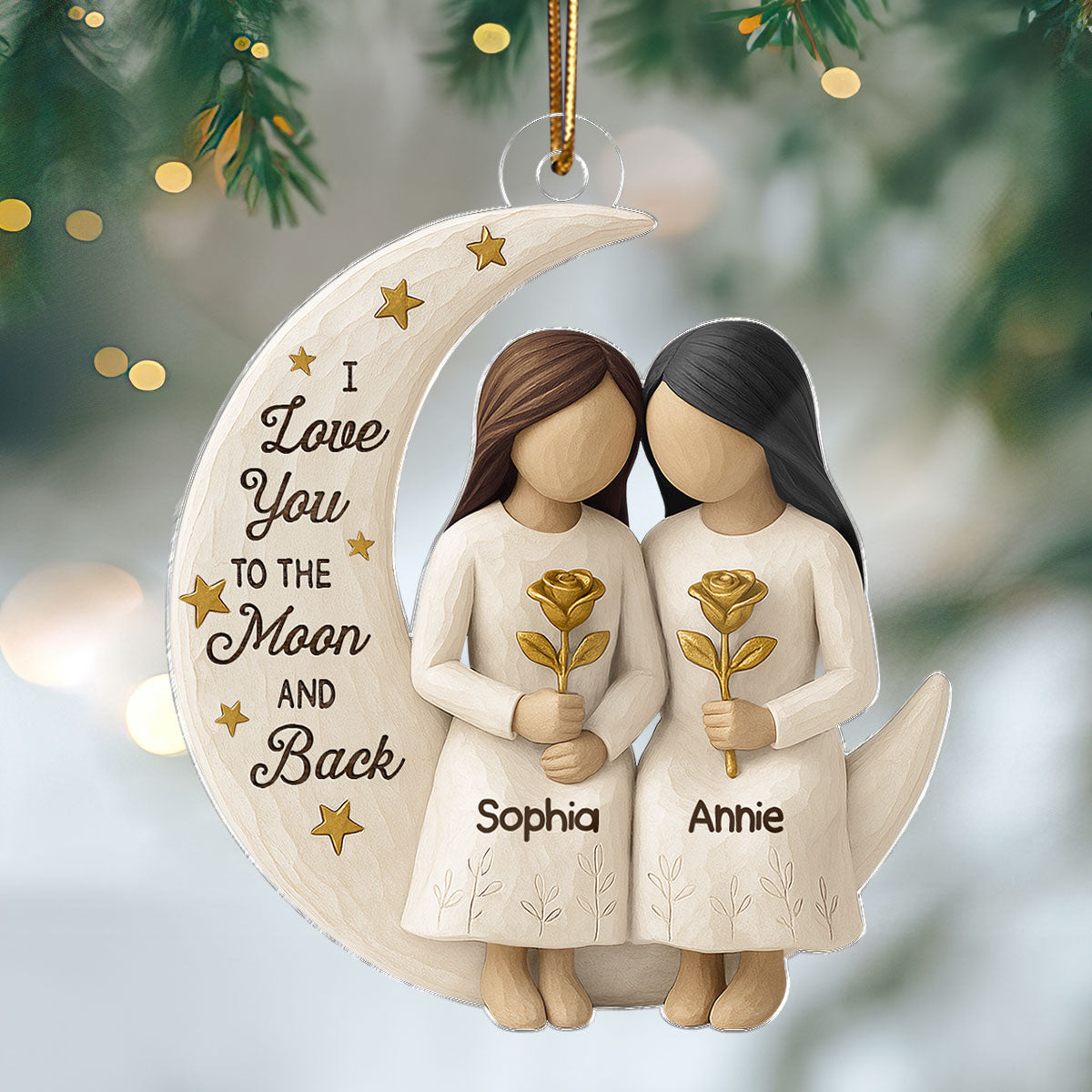 3D Effect Wooden Texture Stars Besties On Moon - Personalized Acrylic Ornament - Christmas Gift For Best Friends