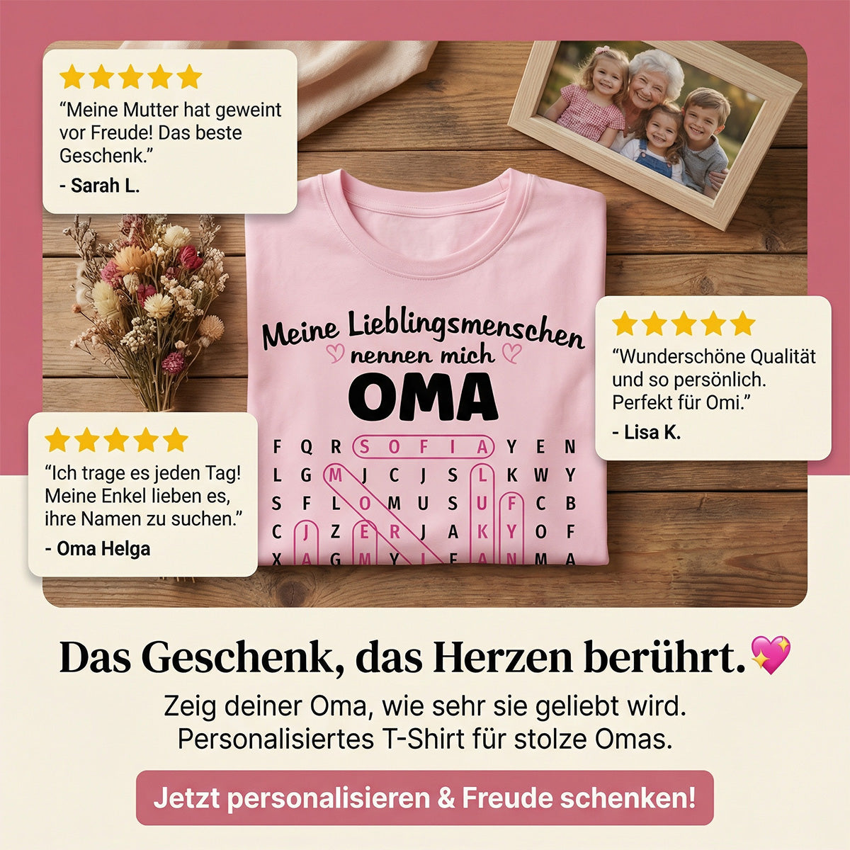Meine Lieblingsmenschen nennen mich Oma Wortsuchrätsel – Personalisiertes Shirt – Geschenk für Oma