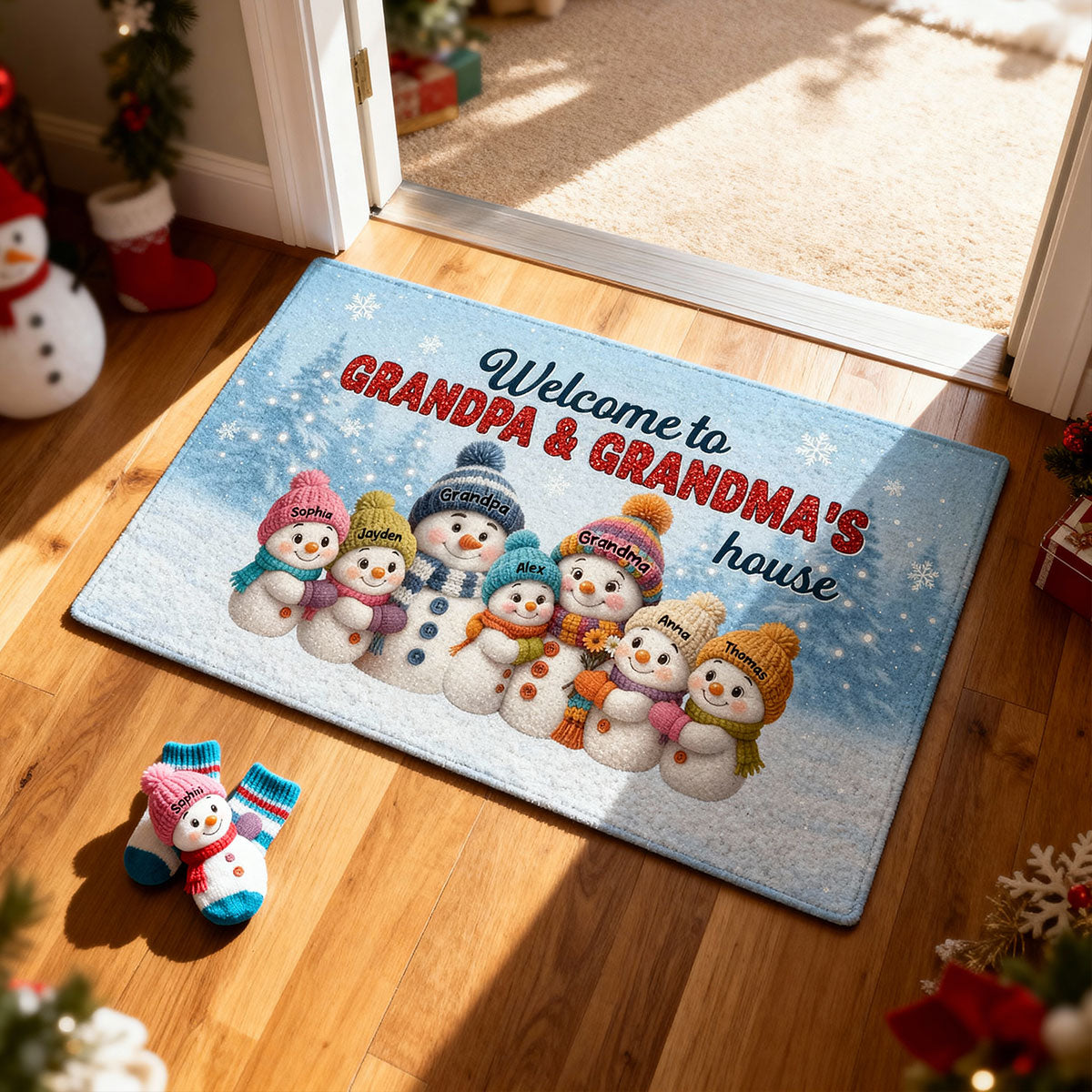 3D Effect Christmas Grandma Grandpa Grandkids Snowman Together - Personalized Doormat