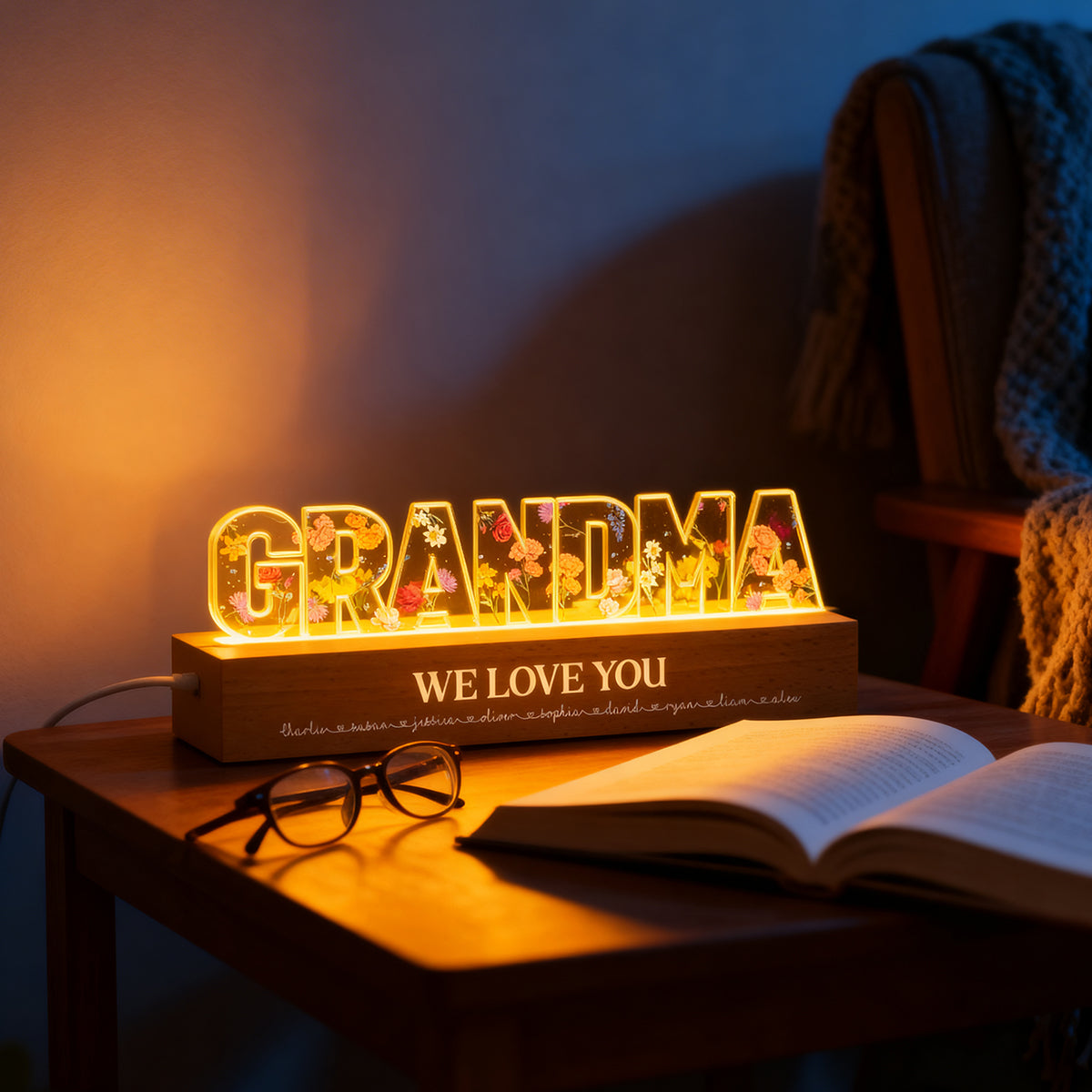 Custom Birth Month Flower Printed - Personalised Acrylic Block LED Night Light - Gift for Mum, Nanny, Wife