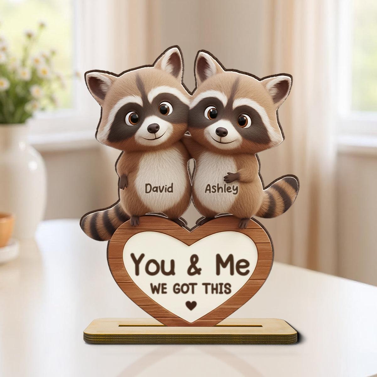 Raccoon Couple Annoying Each Other - Personalized Standing Wooden Plaque - Gift for Couple, Gift for him, Gift for her