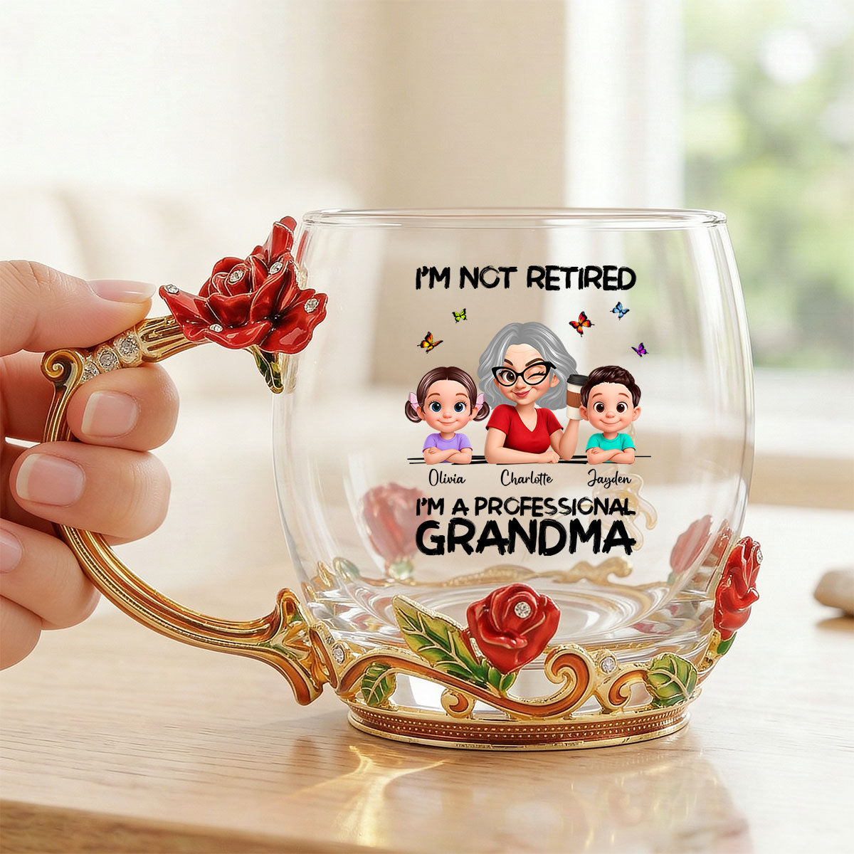 Not Retired Professional Grandma - Personalized Enamel Flower Tea Cup - Gift For Retired Grandma, Mom