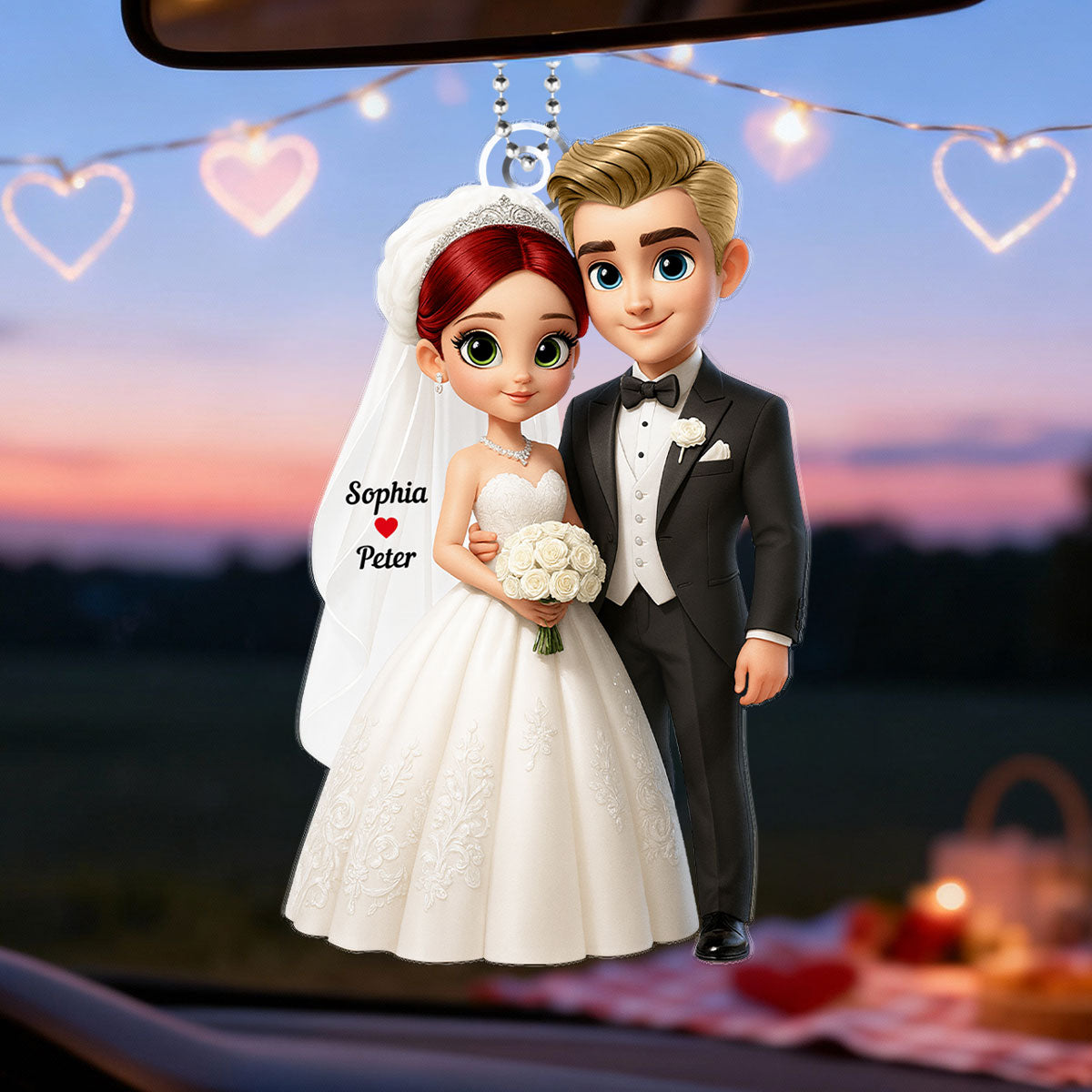 3D Cartoon Married Couple - Personalized Car Hanger - Gift for Couple