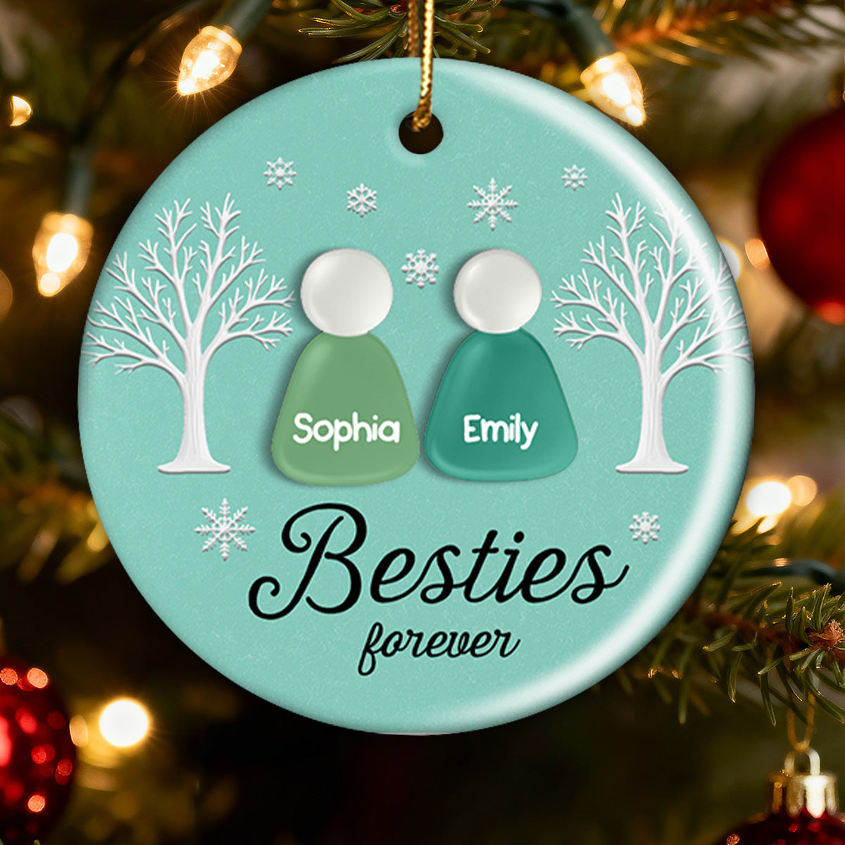3D Teal Sea Glass Effect Christmas Besties Forever - Personalized Ceramic Ornament With Acrylic Pieces