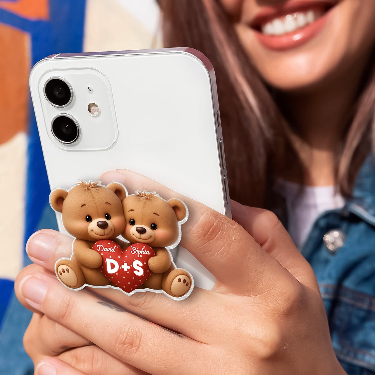 Bear Couple Holding Heart - Personalized Acrylic Magnetic Phone Grip - Gift for him, for her, Matching Phone Grips for Couple