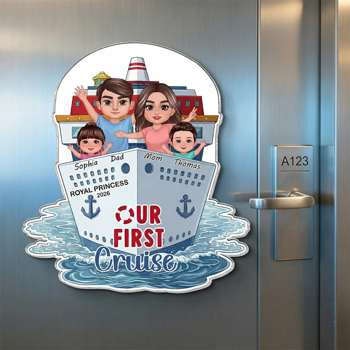Our First Cruise Happy Family - Personalized Cruise Ship Door Magnet - First Time Cruise Trip Keepsake