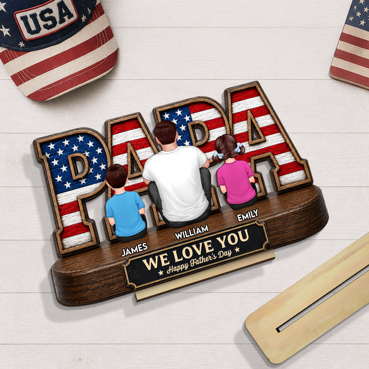 Proud Papa Grandpa Nation Flag Grandpa Dad And Kids - Personalized 2-Layered Wooden Plaque -  Gift For Dad, Husband