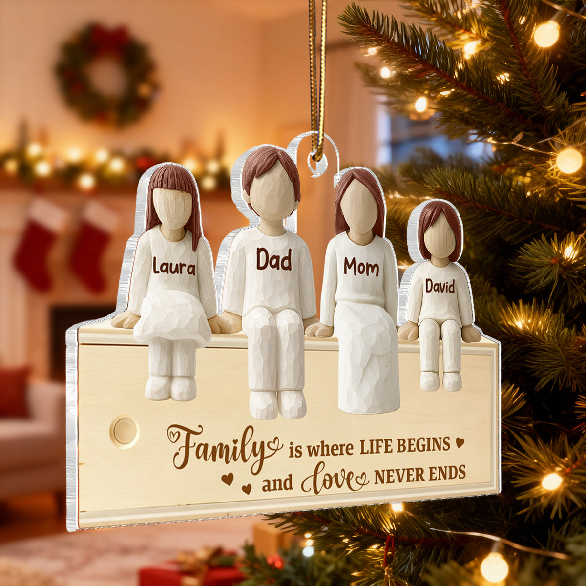 Family Together Wooden Figurines - Personalized Acrylic Ornament - Heartwarming Christmas Gift For Family