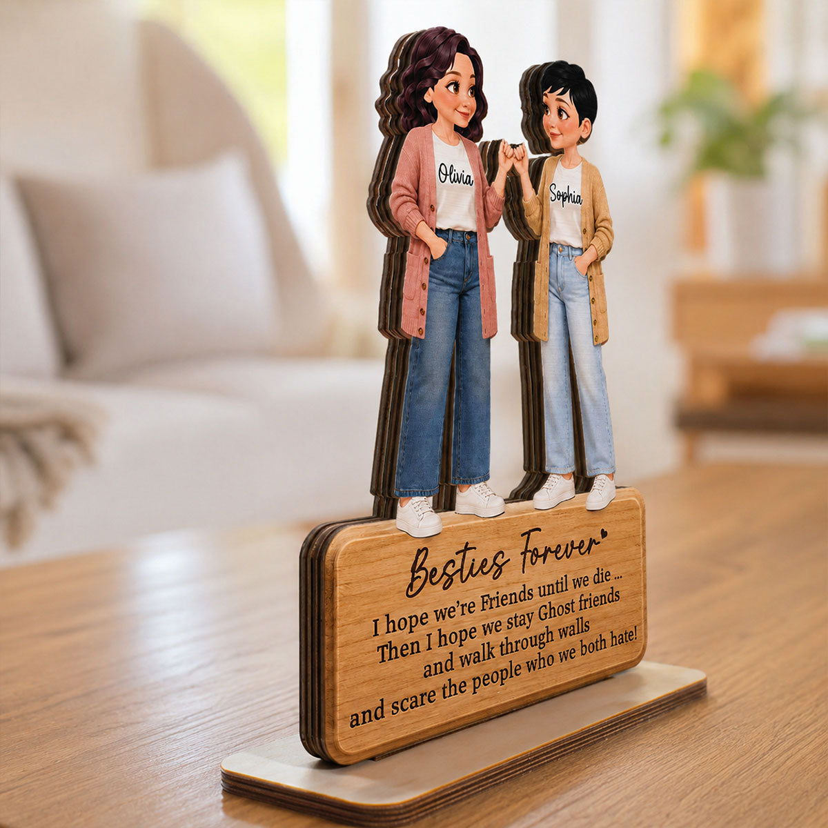 Pretty Besties Forever Pinky Promise 2D Flat - Personalized 2-Layered Wooden Plaque - Friendship Keepsake