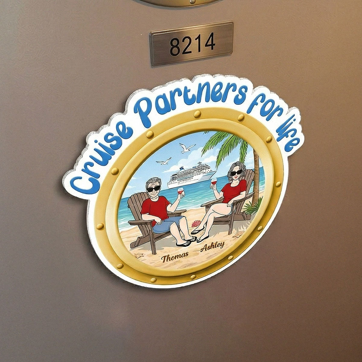 Cruise Partners For Life Porthole Old Couple Sitting On The Beach - Personalized Cruise Ship Door Magnet