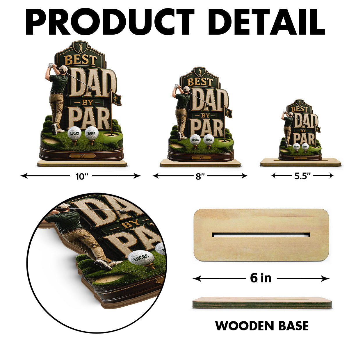 Golf Dad & Kids Best Dad By Par - Personalized 2-Layered Wooden Plaque -  Gift For Dad, Husband