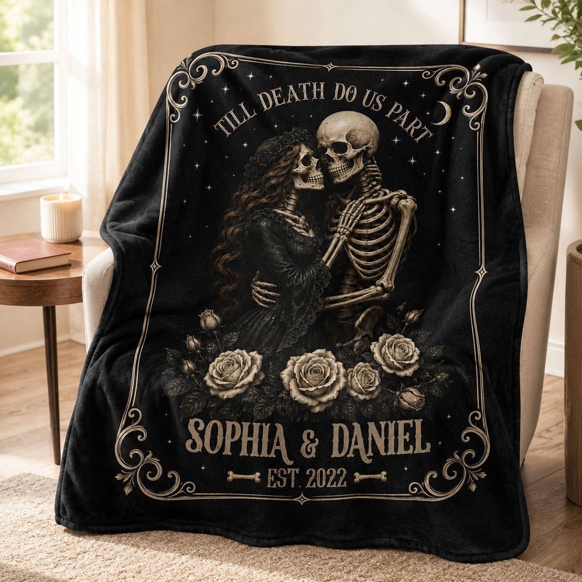 Skeleton Couple Till Death Do Us Part - Personalized Fleece Blanket - Spooky Goth Couple Halloween Gift