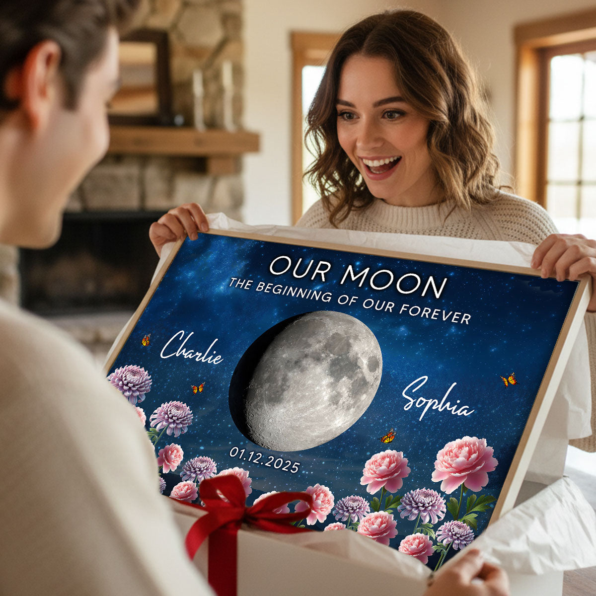 Couple Custom Moon Phase Anniversary Date Birth Month Flowers - Personalized Poster - Valentine's Day Gift For Couple