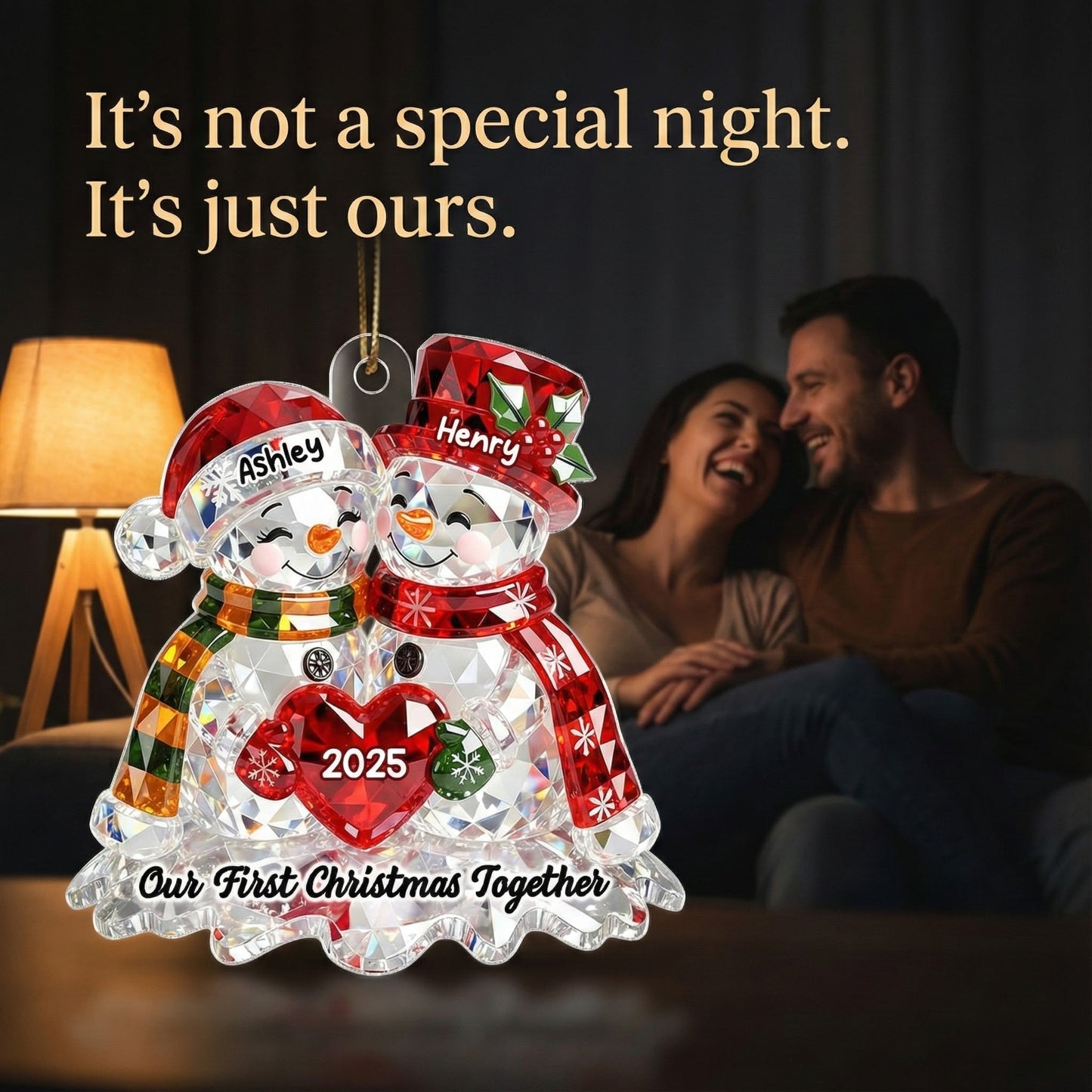 Snowman Couple 3D Crystal Effect - Personalized Acrylic Ornament - Christmas Gift for Couple