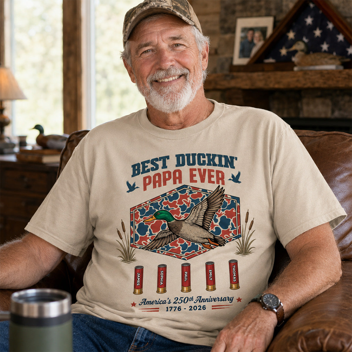 Best Duckin' Dad Grandpa Custom Kid Names - Personalized Shirt - American 250th Anniversary Gift For Patriotics Duck Hunting