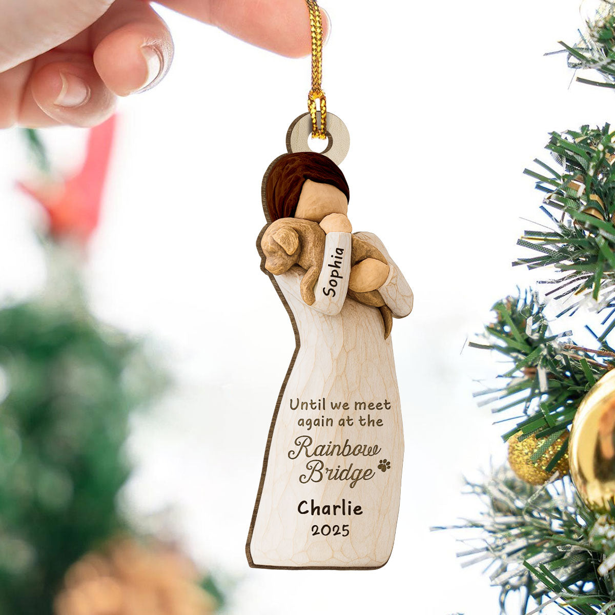 Until We Meet At Rainbow Bridge Woman & Dog 3D Effect - Personalized Wooden Ornament - Memorial Keepsake