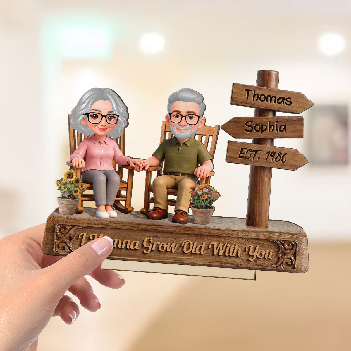 Old Couple Sitting On Rocking Chair By Sign Post 2D Flat - Personalized 2-Layered Wooden Plaque