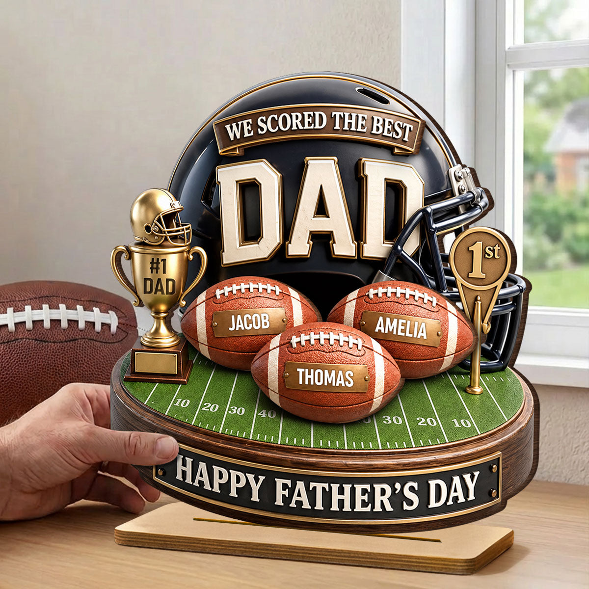 We Scored The Best Dad American Football Trophy - Personalized 2-Layered Wooden Plaque - Heartfelt Gift For Football Dad, Gift For Husband