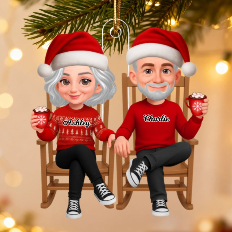 3D Effect Christmas Couple Sitting On Rocking Chair - Personalized Acrylic Ornament - Heartfelt Gift For Couple