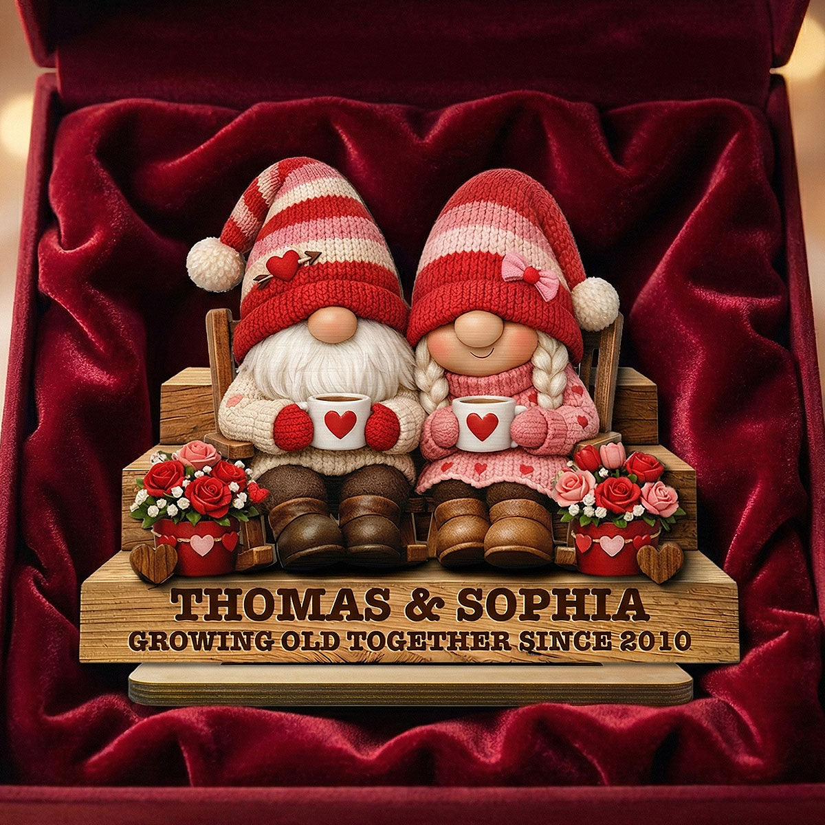 Everlasting Love Valentine Gnome Couple - Personalized 2-Layered Wooden Plaque - Valentine's Day Gift For Couple