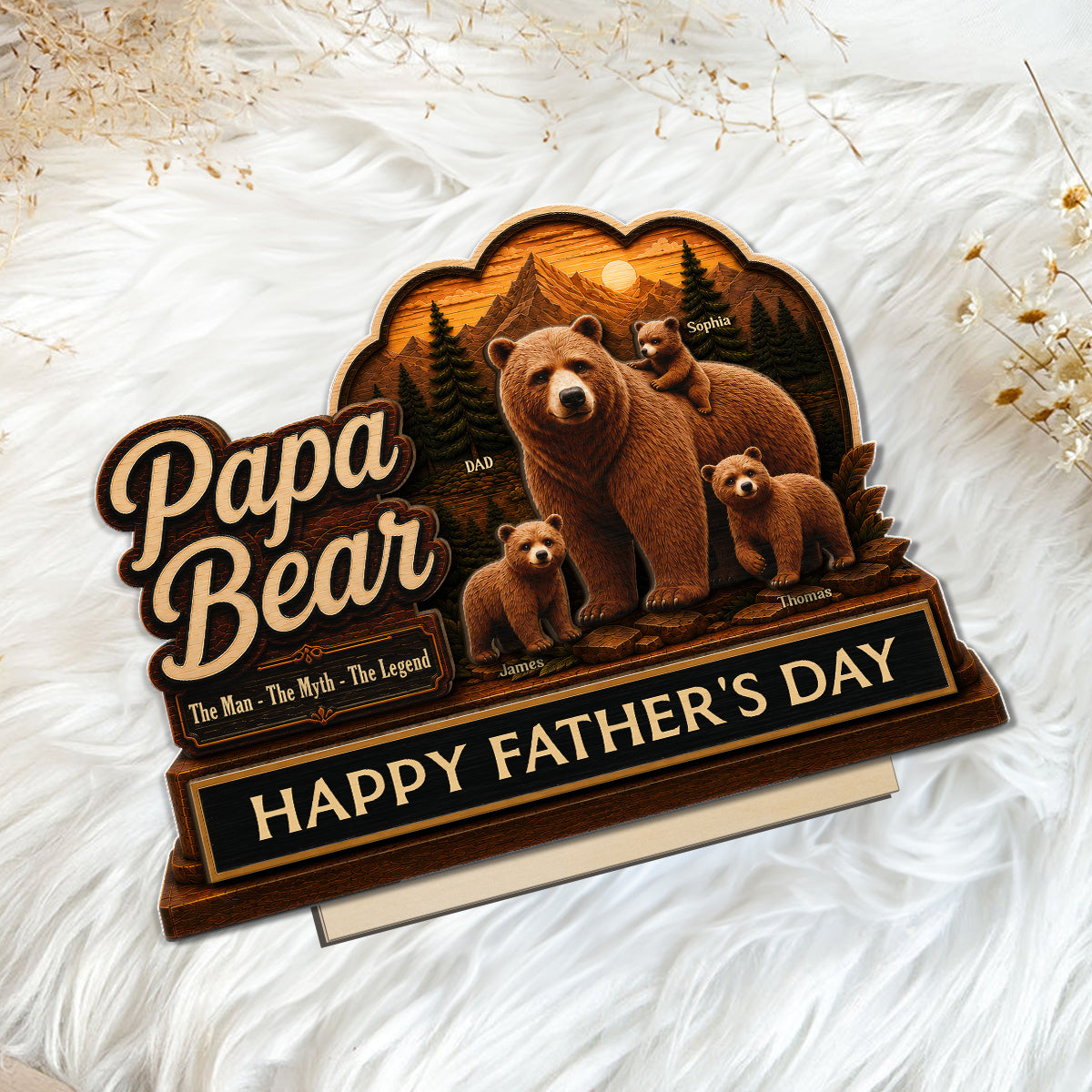 Papa Bear The Man The Myth The Legend 2D Flat - Personalized 2-Layered Wooden Plaque -  Gift For Husband, Dad