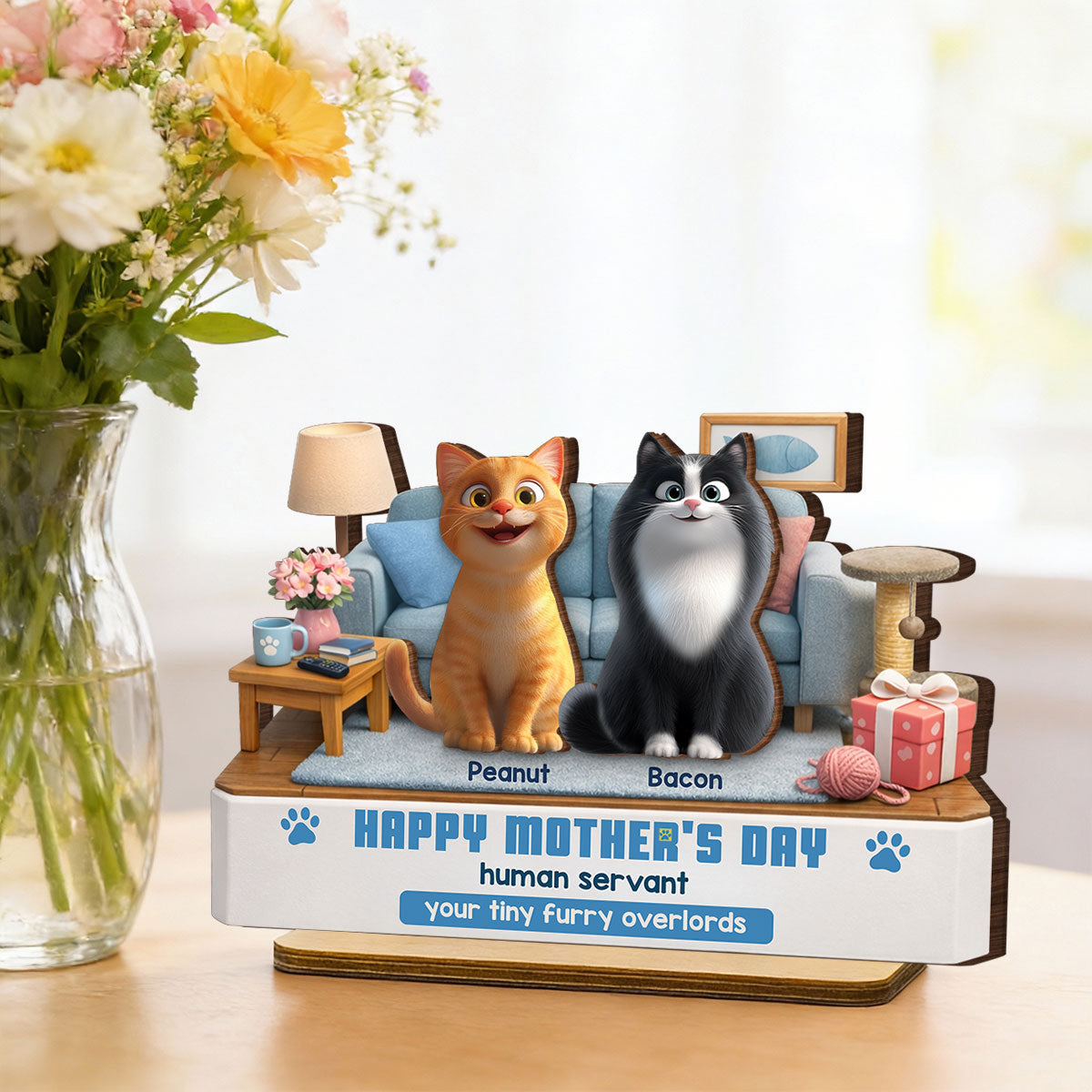 Happy Mother's Day Human Servant - Personalized 2-Layered Wooden Plaque - Funny Gift for Cat Moms