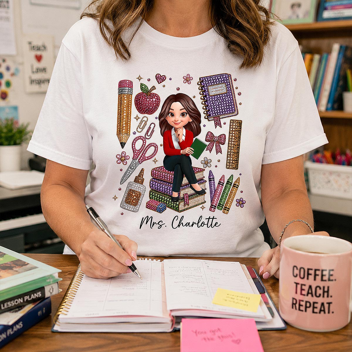 Teacher Sitting With School Supplies Faux Rhinestone – Personalized Shirt – Back To School Gift For Teacher