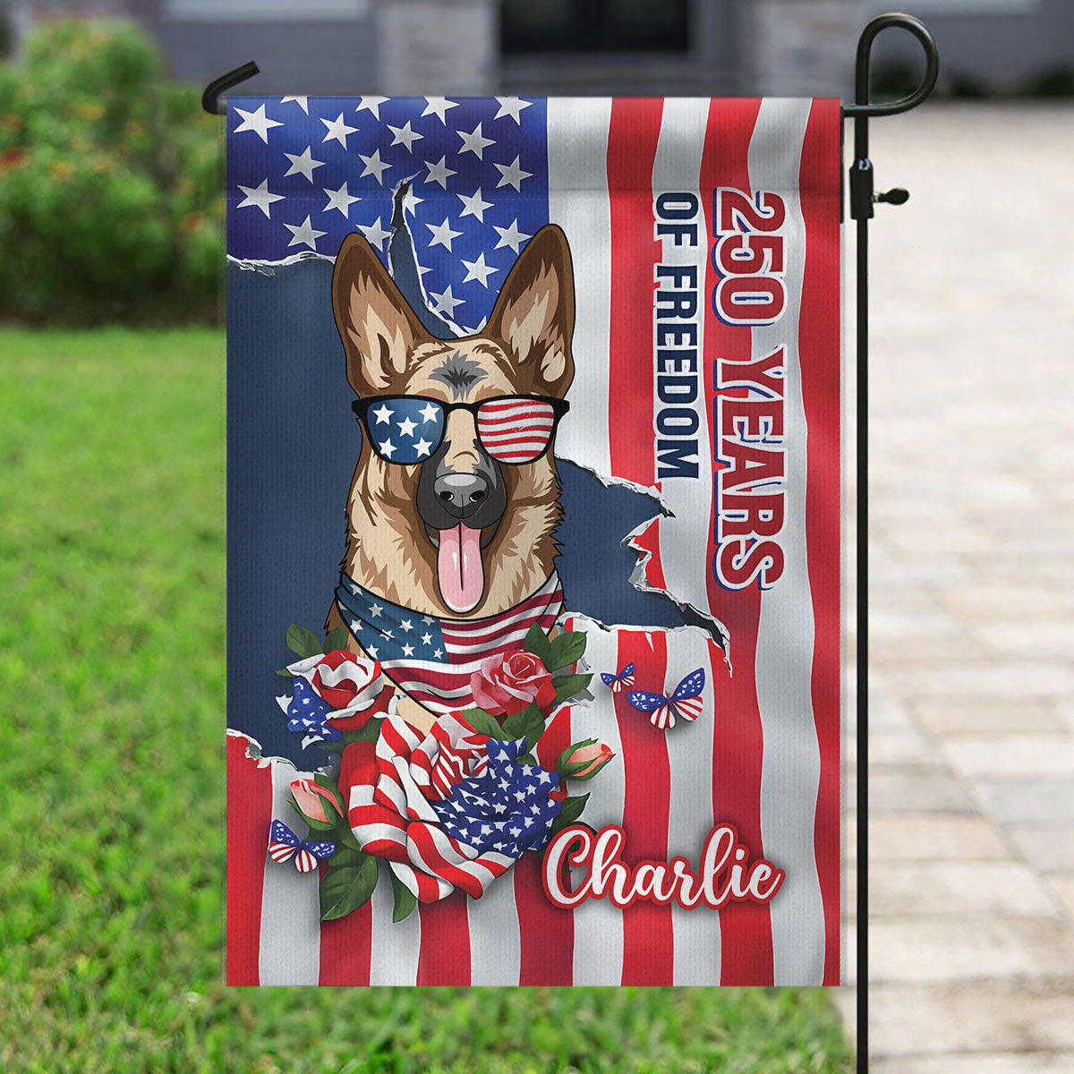 USA 250th Birthday Patriotic Flag Dog - Personalized Garden Flag - Gift For Dog Lovers