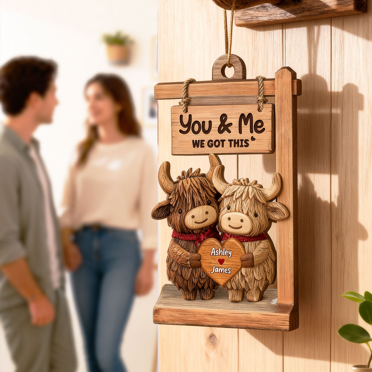 3D Effect Highland Cows Couple - Personalized Wooden Ornament - Gift For Him, Gift For Her