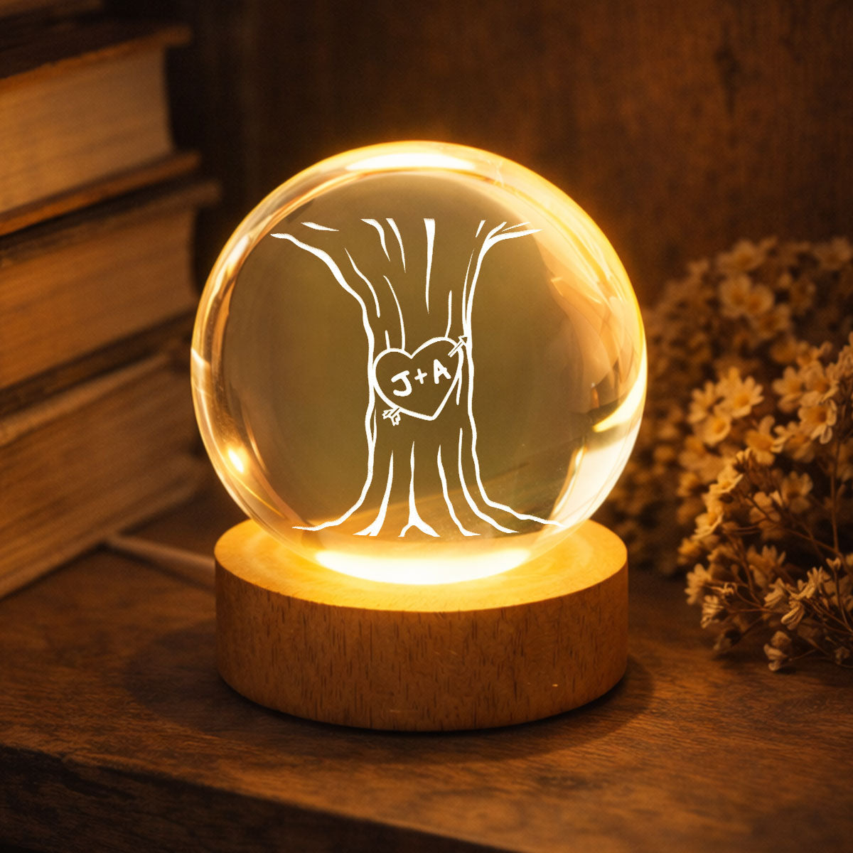 Eternal Love Couple Initial Names Heart Carved Tree - Personalized Crystal Ball LED Night Light - Valentine's Day Gift For Couple