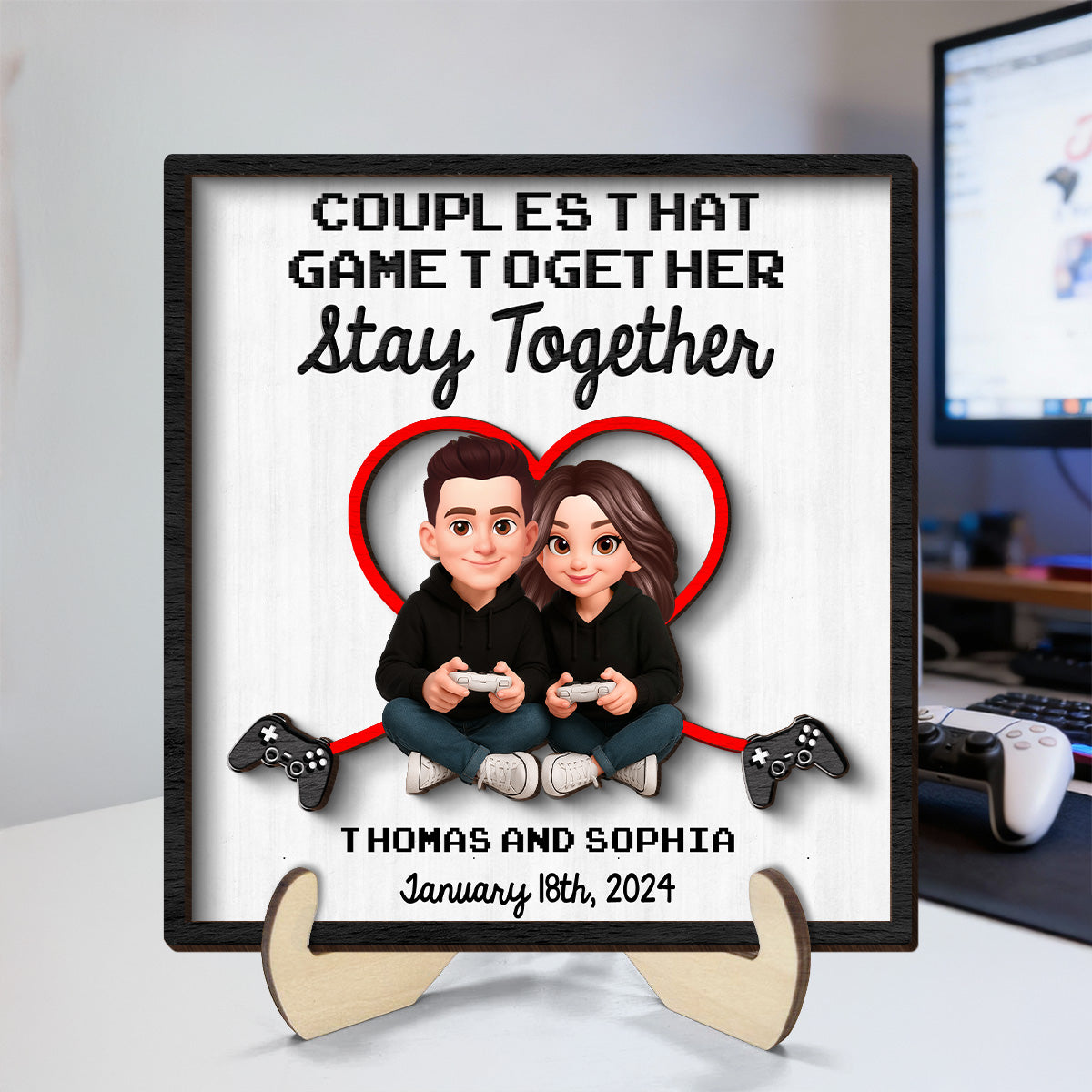Gaming Couple Game Together Stay Together - Personalized 2-Layered Wooden Plaque - Heartfelt Valentine, Anniversary Gift For Gamers, For Him, For Her