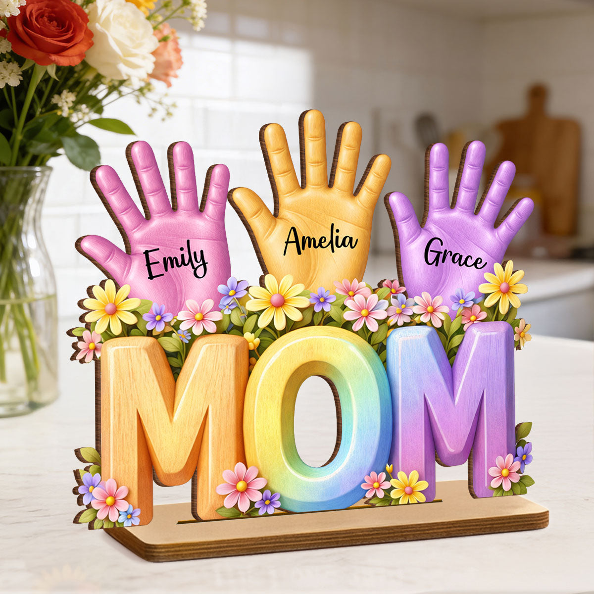 Mom And Kids Hand Print - Personalized 2-Layered Wooden Plaque - Heartfelt Mother's Day Gift for Mom, Wife
