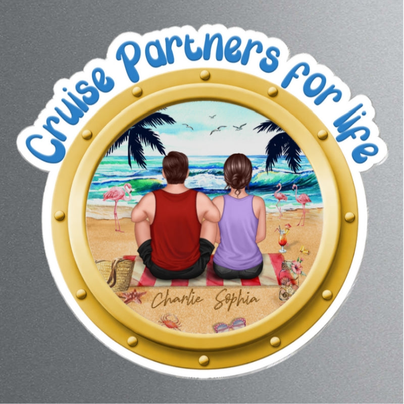Cruise Partners For Life Porthole Back View Couple Sitting On The Beach - Personalized Cruise Ship Door Magnet