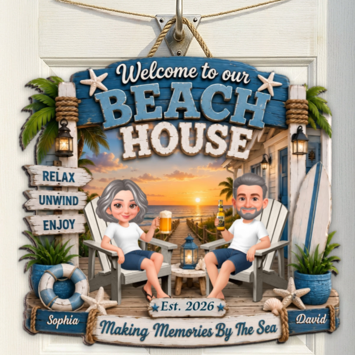 Welcome To Our Beach House - Personalized Wood Sign - Gift For Couple, Summer Decoration