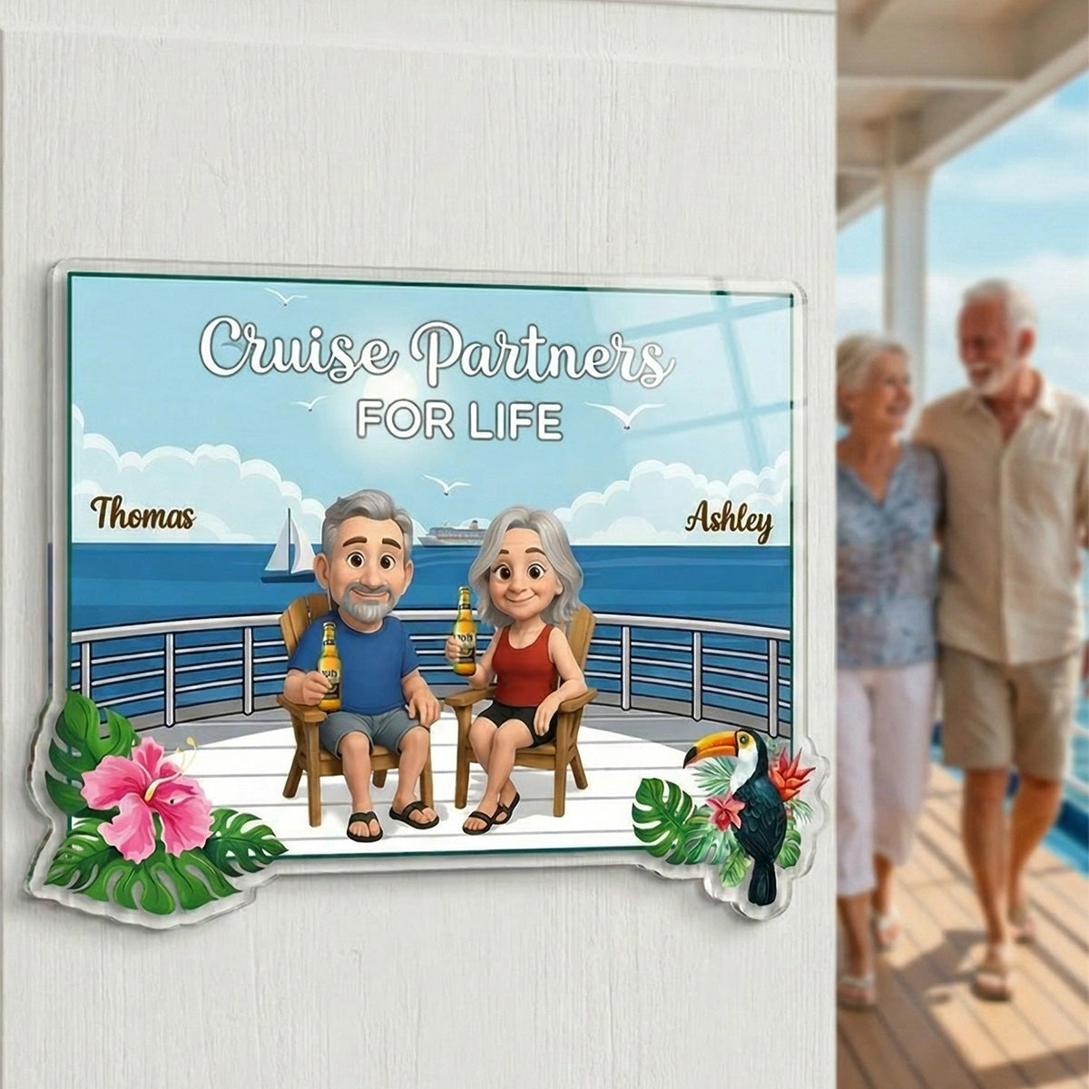 We're In Cruise Mode Old Cartoon Couple Sitting Cruise Deck - Personalized Cruise Cabin Door Magnet